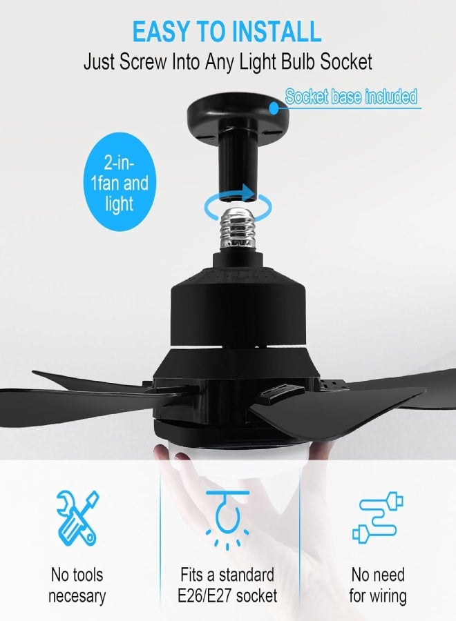 ارواق مروحة سقف قابلة للتوصيل بالكهرباء مع أضواء وجهاز تحكم عن بعد - مروحة صغيرة E26 تُثبّت في مقبس الإضاءة - مروحة إضاءة صامتة مدمجة لغرفة النوم والمطبخ والمكتب - لون أسود - Image 2
