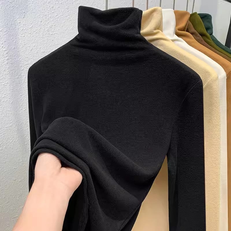 High Neck Velvet Base Shirt Women'S Casual New Brushed Thickened Winter High-End Sense Explosive Black Top - Image 1