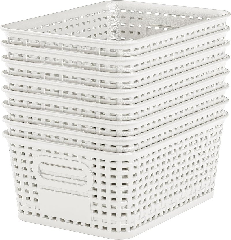 Wrrlors White Plastic Storage Baskets - Pack of 8 with Labels Stackable Durable Storage Bins, Storage Containers for Organizing Desktops, Closets, Playrooms, Classrooms, Offices - Image 1