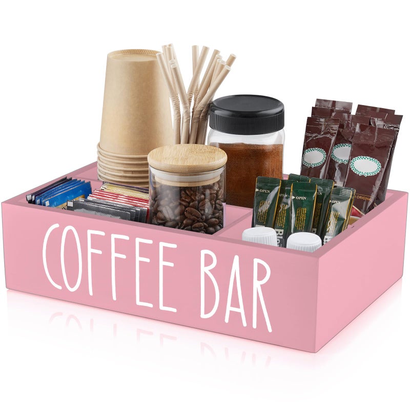 ALEION Coffee Station Organizer  Wood Countertop Accessories Organizer with Removable Dividers for Pods Condiment Syrup Tea Cups Stirrers  Pink Decor for Kitchen Coffee Bar