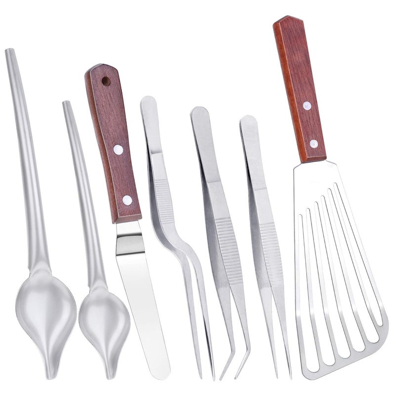 Cridoz 7 Pcs Stainless Steel Kitchen Cooking Plating Tweezers Tongs Drawing Spoons Offset Spatula and Fish Spatula for Food Culinary Plating Decorating - Image 1