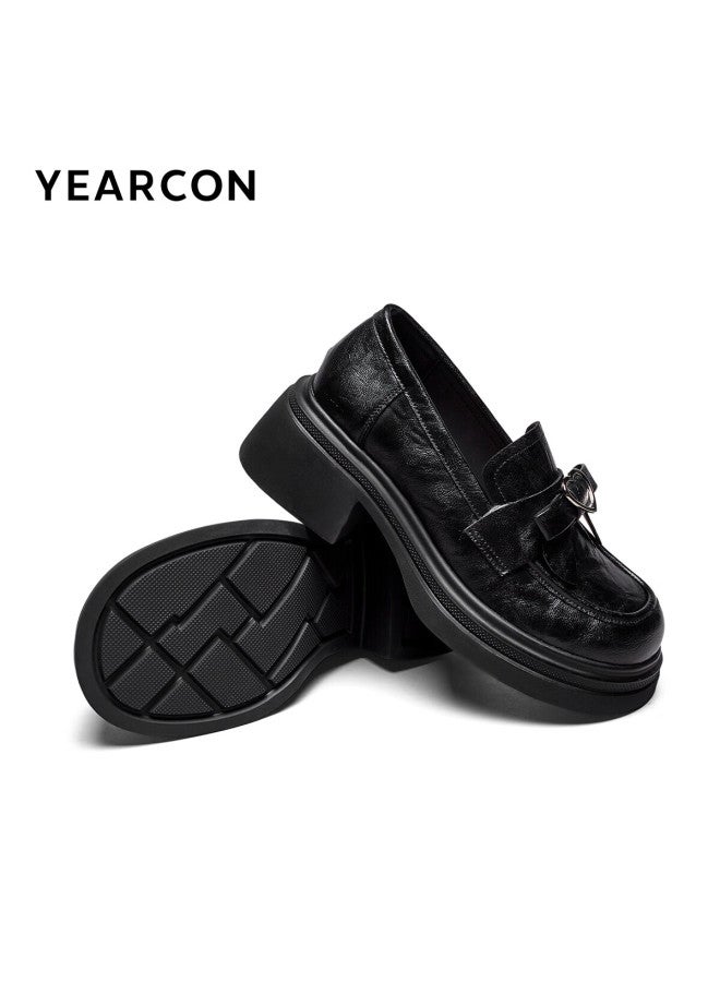 YEARCON Eierkang Women's Vintage College Style Platform Loafers Bowknot Versatile Leather Shoes 26409w Black Size 36 - Image 3