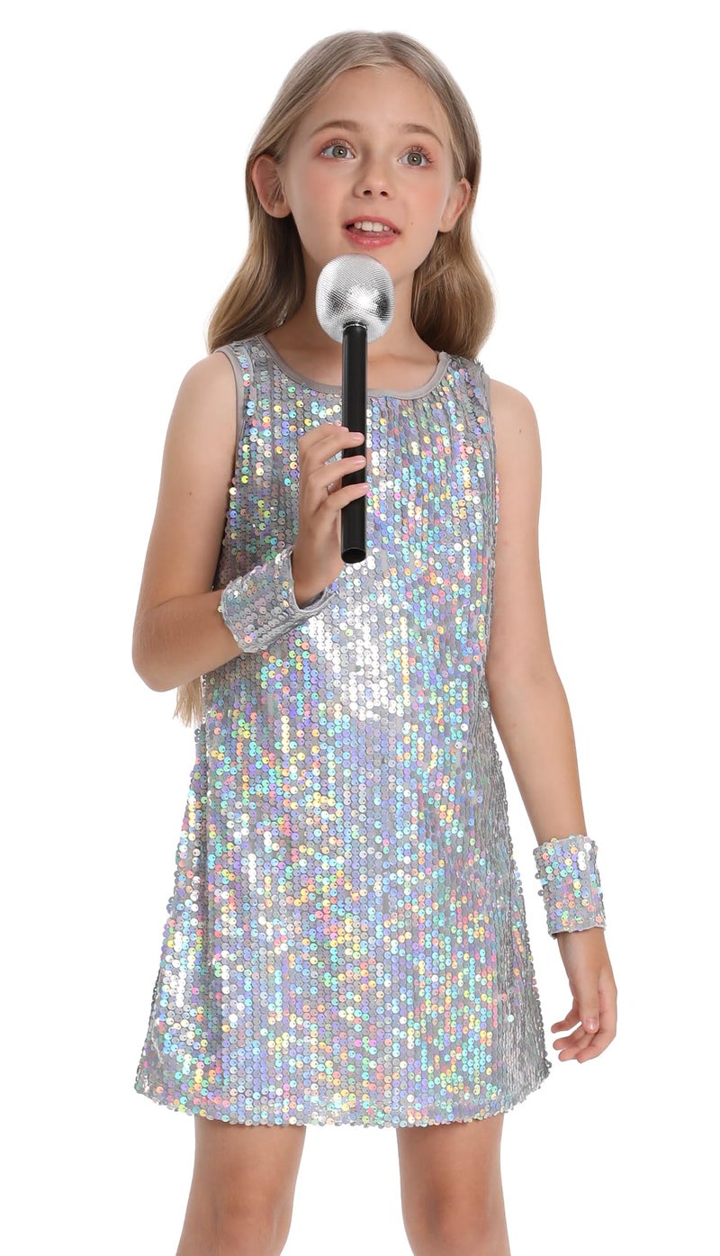 Happy Cherry Sequin Dress for Girls Sparkly Sleeveless Holiday Prom Concert Party Outfit with Glitter Microphone Prop Silver 57 Years - Image 2