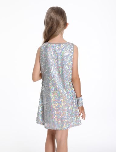 Happy Cherry Sequin Dress for Girls Sparkly Sleeveless Holiday Prom Concert Party Outfit with Glitter Microphone Prop Silver 57 Years - Image 3