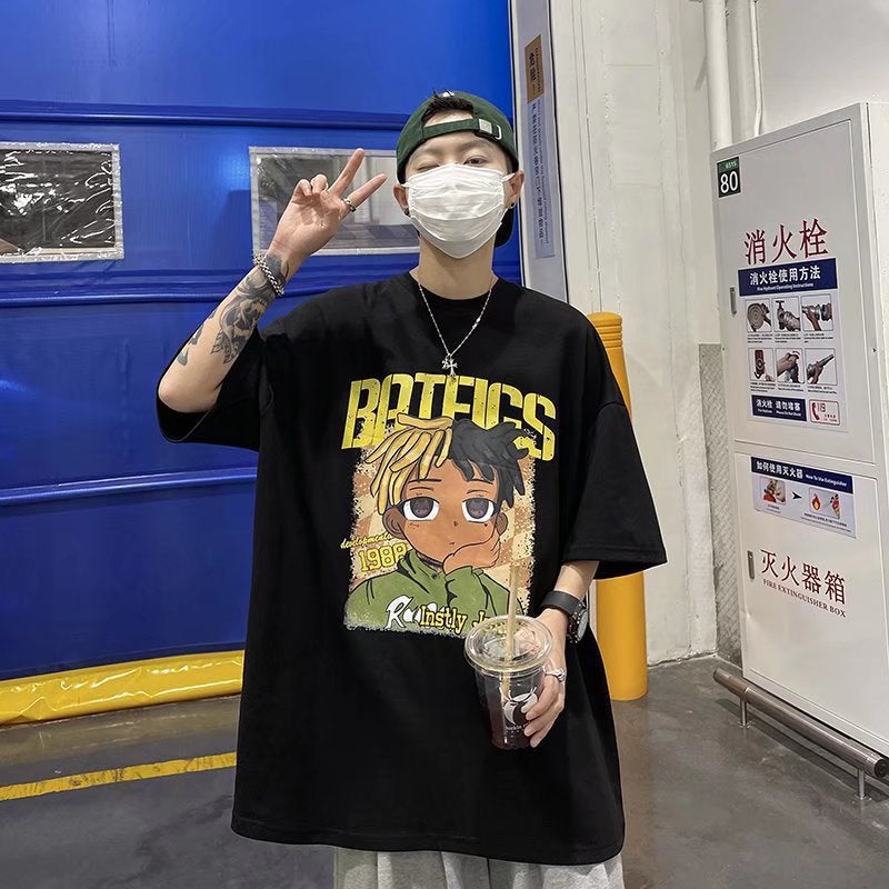 Trendy Cartoon Short-sleeved T-shirt Boys Summer American Retro Popular Brand Loose Hip-hop High Street Large Size Half-sleeved T-shirt - Image 1