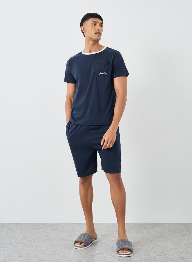 Styli Contrast Neck T-Shirt with Slogan Print Pocket and Shorts Set - Image 1