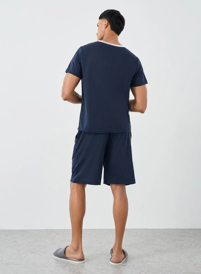 Styli Styli Contrast Neck T-Shirt with Slogan Print Pocket and Shorts Set