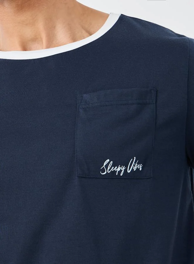 Styli Styli Contrast Neck T-Shirt with Slogan Print Pocket and Shorts Set