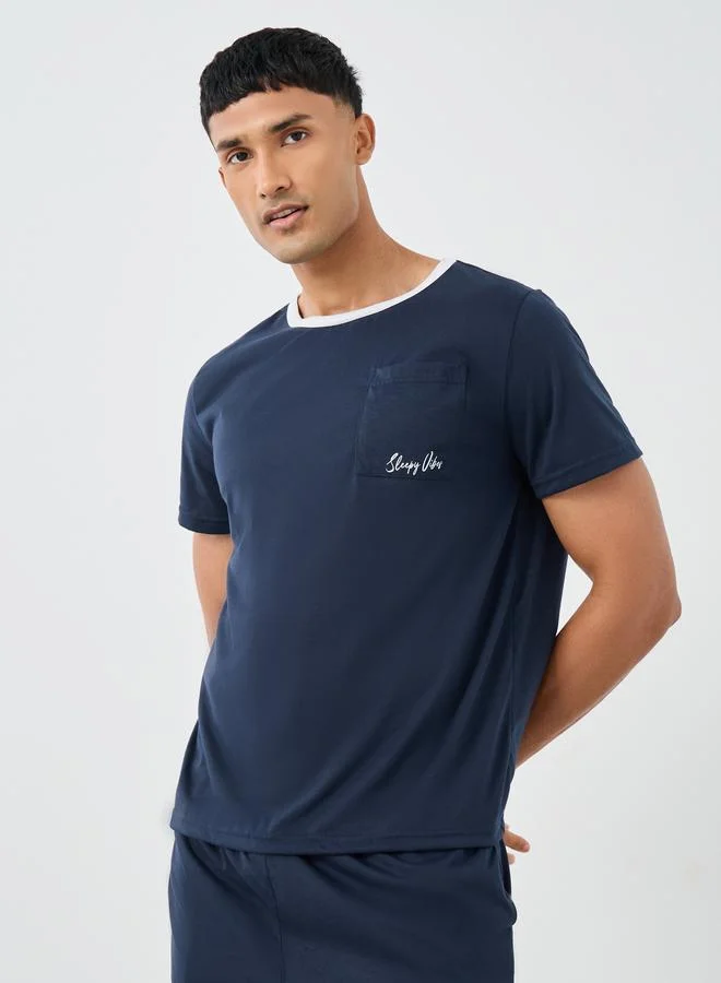 Styli Styli Contrast Neck T-Shirt with Slogan Print Pocket and Shorts Set