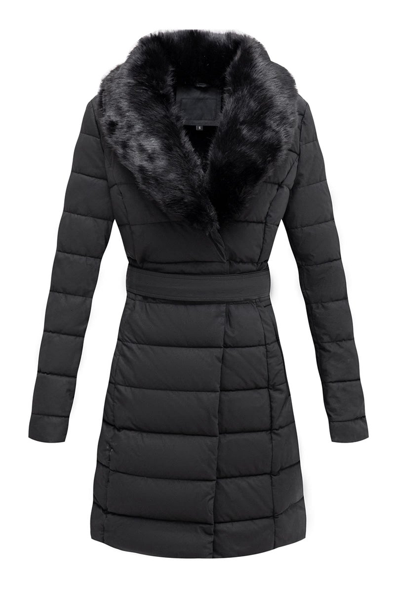 Bellivera Womens Winter Puffer Jacket ColdResistant Patchwork Plush Lining Coat with Removable Fur Collar Hooded and Belted 5527 BLACK XXL