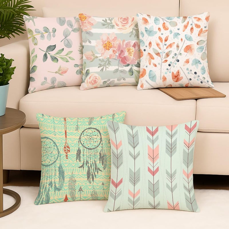 BRICK HOME Set of 5 Jute Printed Cushion Covers 18x18 Inches | Pastel Floral, Leaf, Arrow & Dreamcatcher Pattern | Soft Durable Decorative Pillow Covers for Sofa Couch Living Room Bedroom - Image 5