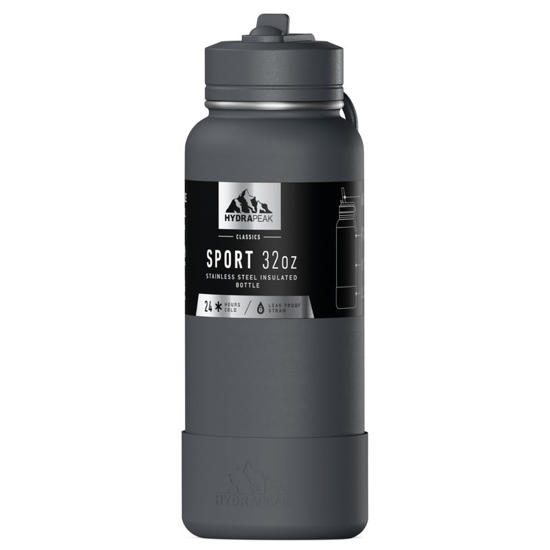 Hydrapeak 32oz Sport Insulated Water Bottle with Straw Lid, Leak & Spill Proof, Keeps Drinks Cold for 24 Hours, Hot for 12 Hours (Grey Matter)