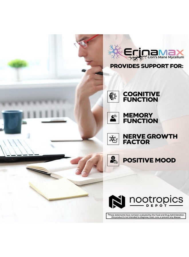 Nootropics Depot Erinamax Lion's Mane 500mg Capsules | Liquid Culture Mycelium | 2.5mg Erinacine A | Mood, Cognition, & Nerve Support | 60 Count - Image 4