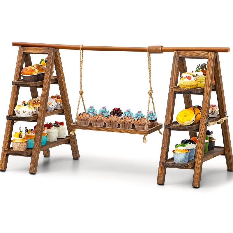 حامل تقديم خشبي مزدوج 3 طبقات مع صينية تقديم لمجموعة عرض الطعام للحفلات للكيك والوجبات الخفيفة والفواكه والرقائق والخبز 20 × 30 بوصة بلون الجوز الداكن