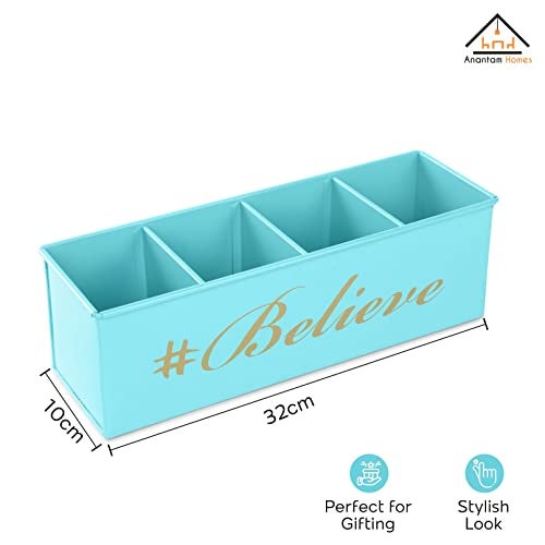 anantam homes 4 Compartment Believe Desk Organizer Pen Pencil Caddy Storage Box For Office, School, Home Stationery, Study Table Organizer & Art Supplies Accessories With Four Slots, Metal (Aqua) - Image 2