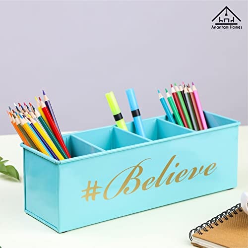 anantam homes 4 Compartment Believe Desk Organizer Pen Pencil Caddy Storage Box For Office, School, Home Stationery, Study Table Organizer & Art Supplies Accessories With Four Slots, Metal (Aqua) - Image 3