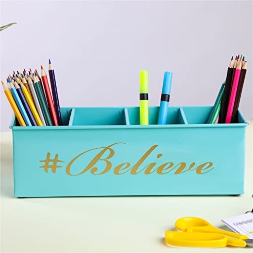 anantam homes 4 Compartment Believe Desk Organizer Pen Pencil Caddy Storage Box For Office, School, Home Stationery, Study Table Organizer & Art Supplies Accessories With Four Slots, Metal (Aqua) - Image 1