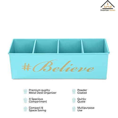 anantam homes 4 Compartment Believe Desk Organizer Pen Pencil Caddy Storage Box For Office, School, Home Stationery, Study Table Organizer & Art Supplies Accessories With Four Slots, Metal (Aqua) - Image 4