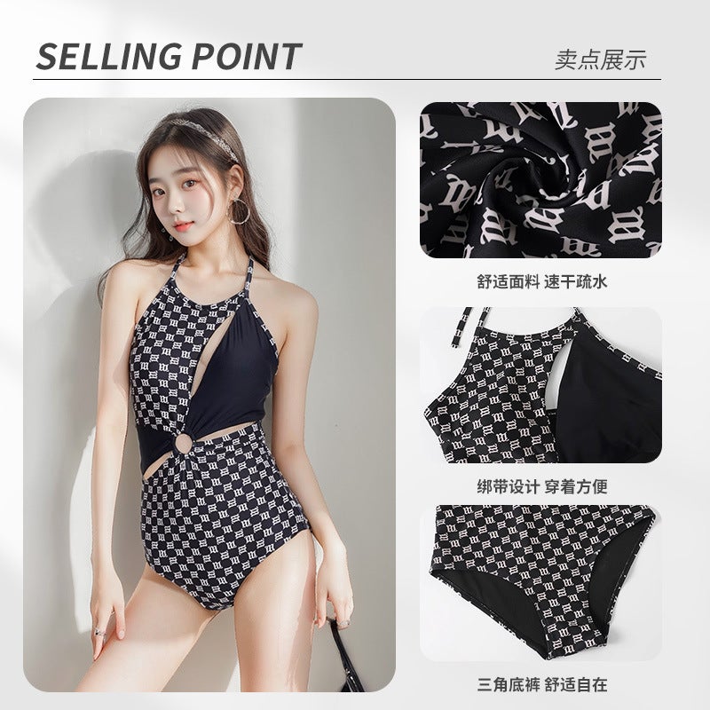 New Korean Style Sexy Letter Black One-Piece Halterneck Backless Cut Out Belly-Covering Slimming Look Triangle Spa Swimsuit - Image 4