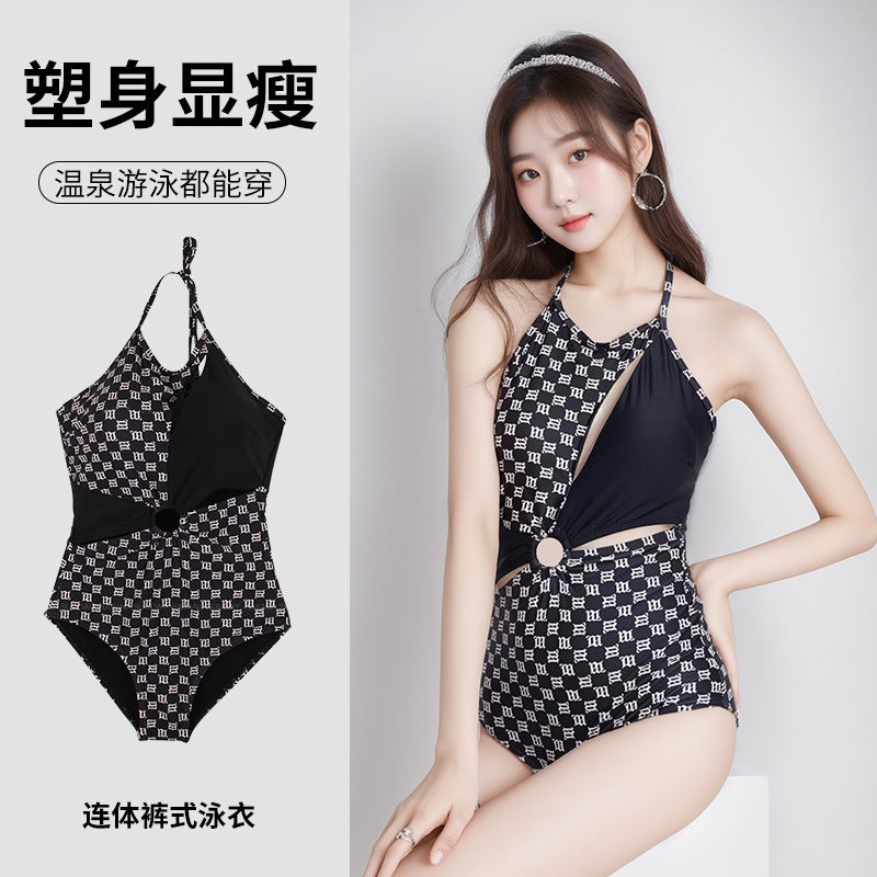 New Korean Style Sexy Letter Black One-Piece Halterneck Backless Cut Out Belly-Covering Slimming Look Triangle Spa Swimsuit - Image 2