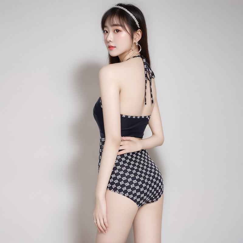 New Korean Style Sexy Letter Black One-Piece Halterneck Backless Cut Out Belly-Covering Slimming Look Triangle Spa Swimsuit - Image 5