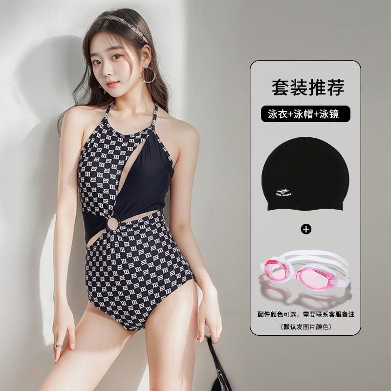 New Korean Style Sexy Letter Black One-Piece Halterneck Backless Cut Out Belly-Covering Slimming Look Triangle Spa Swimsuit - Image 1