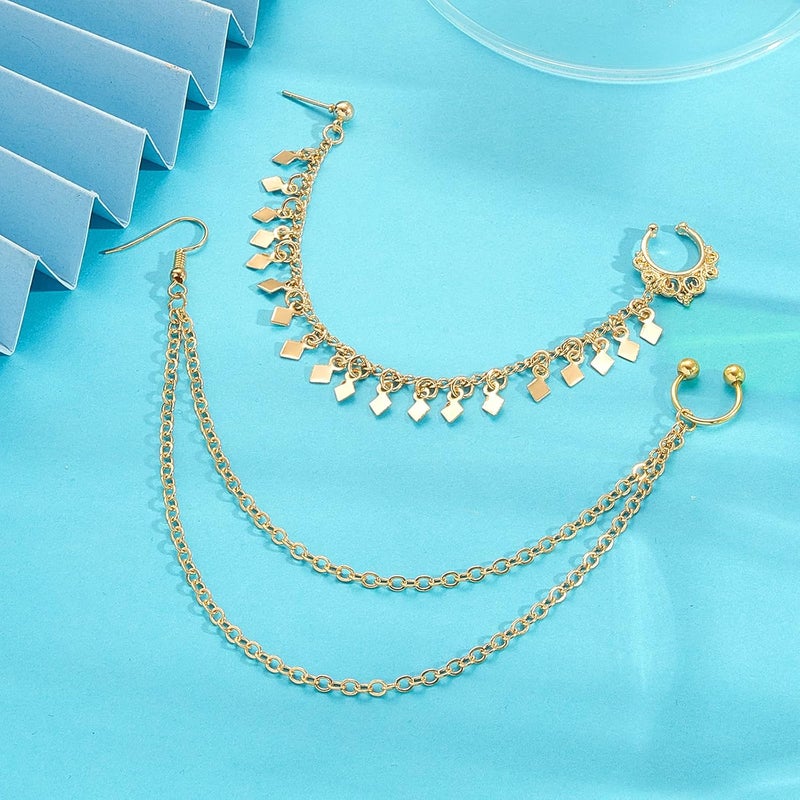 Hicarer 3 Pieces Nose Hoop Chain Rings Double-layer Septum Non Piercing Nose Hoop Ring Dangle Chain Earrings - Image 5