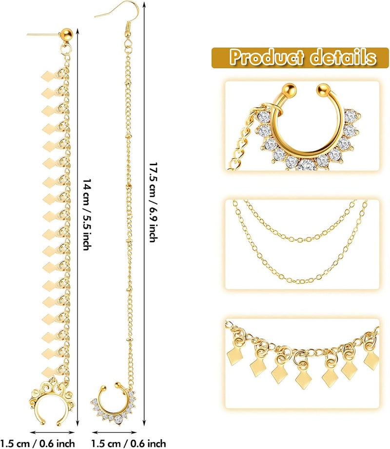 Hicarer 3 Pieces Nose Hoop Chain Rings Double-layer Septum Non Piercing Nose Hoop Ring Dangle Chain Earrings - Image 2