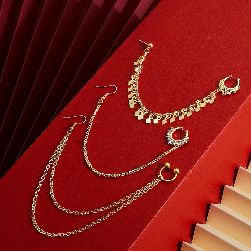 Hicarer 3 Pieces Nose Hoop Chain Rings Double-layer Septum Non Piercing Nose Hoop Ring Dangle Chain Earrings - Image 3