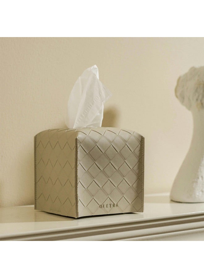 OLETHA Square Tissue Box Cover - Aesthetic Desk Decor for Room, Home & Office - Tissues Cube Boxes Holder - Woven Textured, Light Taupe - Image 1
