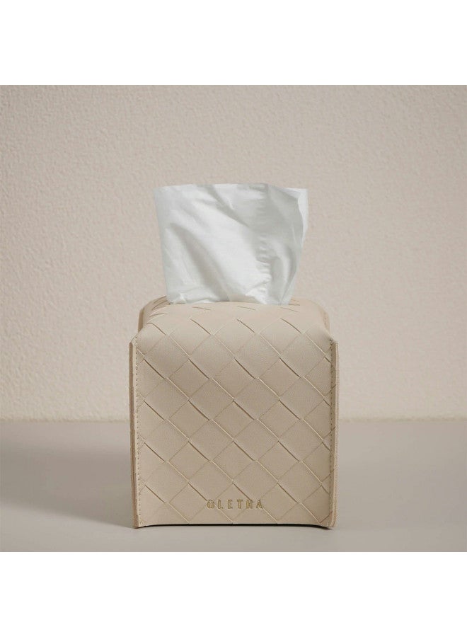 OLETHA Square Tissue Box Cover - Aesthetic Desk Decor for Room, Home & Office - Tissues Cube Boxes Holder - Woven Textured, Light Taupe - Image 4