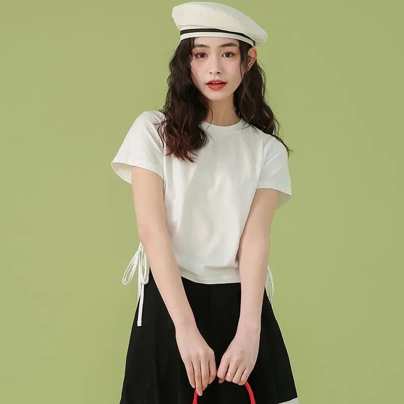 2024 Chic Short Sleeve Crop Top Tee for Women White - Image 3
