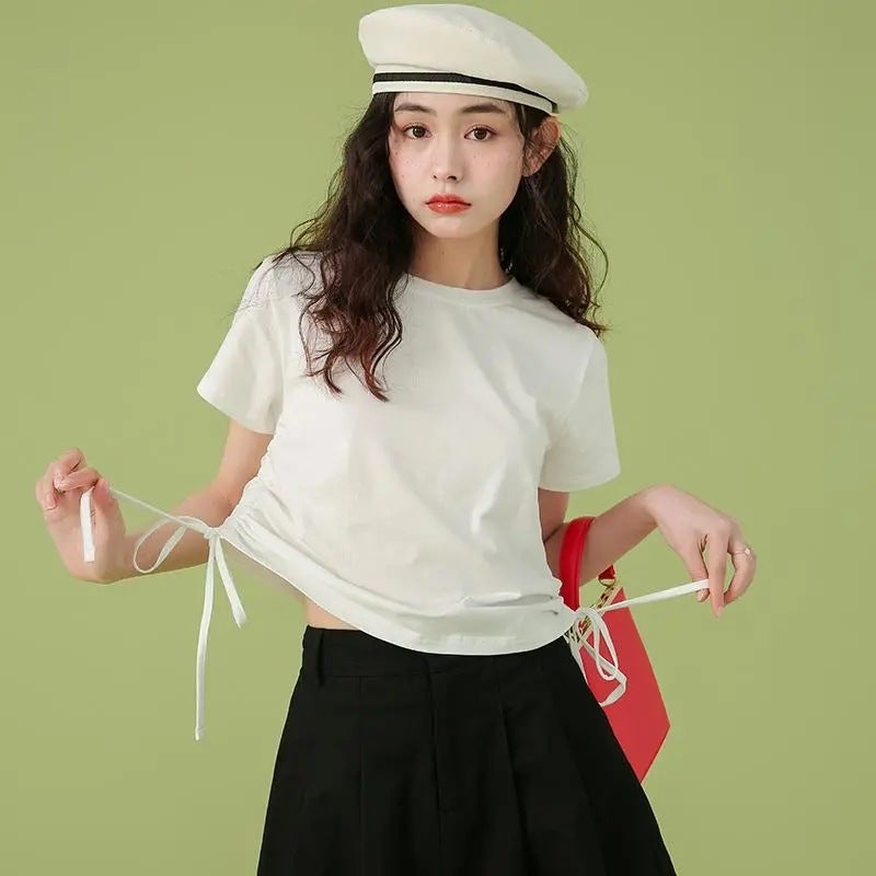 2024 Chic Short Sleeve Crop Top Tee for Women White - Image 1