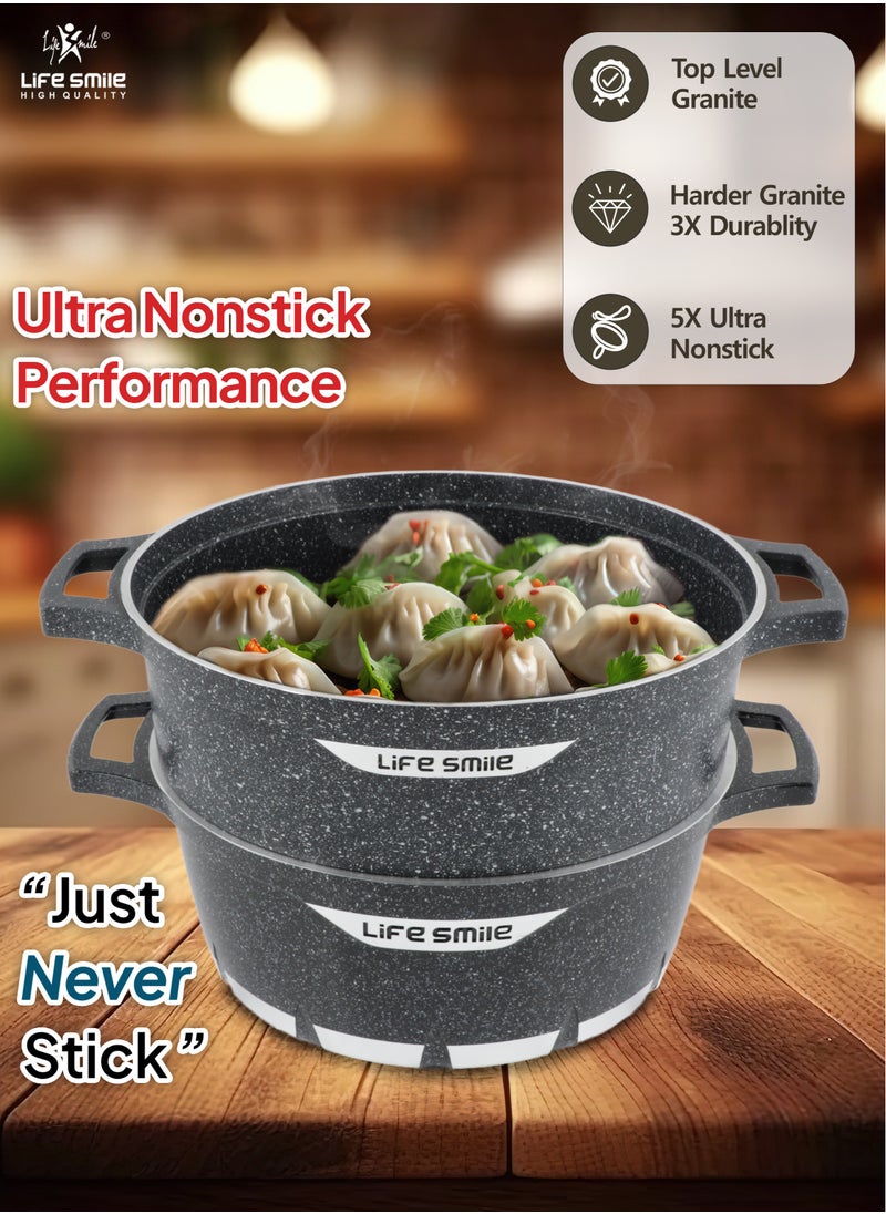 28cm (6.9 Liter) LIFE SMILE Multipurpose Steam Pot 2-Tier, Aluminum Granite Coating Stock Pot and Steamer Pot - Cooking Pot with Lid for Soups, Stews and Pasta, Vegetables, Seafood - pzsku/Z1FFDA42143D564080E6CZ/45/_/1728894920/fdc24c2c-f723-41ea-a582-acf13e2ae9ca