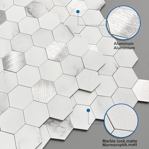M MOFIT MOFIT Hexagon Peel and Stick Backsplash Tiles Kitchen,Self-Adhesive Metal and Marble Honeycomb Peel and Stick Wall Tiles Sticker Mosaic Heat Resistant(White Silver,10sheets) - Image 2