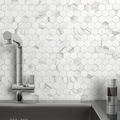 M MOFIT MOFIT Hexagon Peel and Stick Backsplash Tiles Kitchen,Self-Adhesive Metal and Marble Honeycomb Peel and Stick Wall Tiles Sticker Mosaic Heat Resistant(White Silver,10sheets) - Image 1