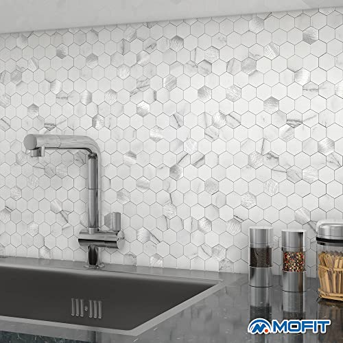 M MOFIT MOFIT Hexagon Peel and Stick Backsplash Tiles Kitchen,Self-Adhesive Metal and Marble Honeycomb Peel and Stick Wall Tiles Sticker Mosaic Heat Resistant(White Silver,10sheets) - Image 4