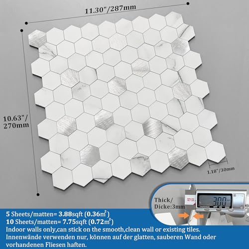 M MOFIT MOFIT Hexagon Peel and Stick Backsplash Tiles Kitchen,Self-Adhesive Metal and Marble Honeycomb Peel and Stick Wall Tiles Sticker Mosaic Heat Resistant(White Silver,10sheets) - Image 5