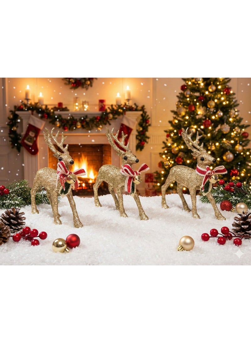 مجموعة من 3 تماثيل غزلان ذهبية لامعة لتزيين عيد الميلاد - ديكور احتفالي للطاولة والمنزل ✨ - Image 1