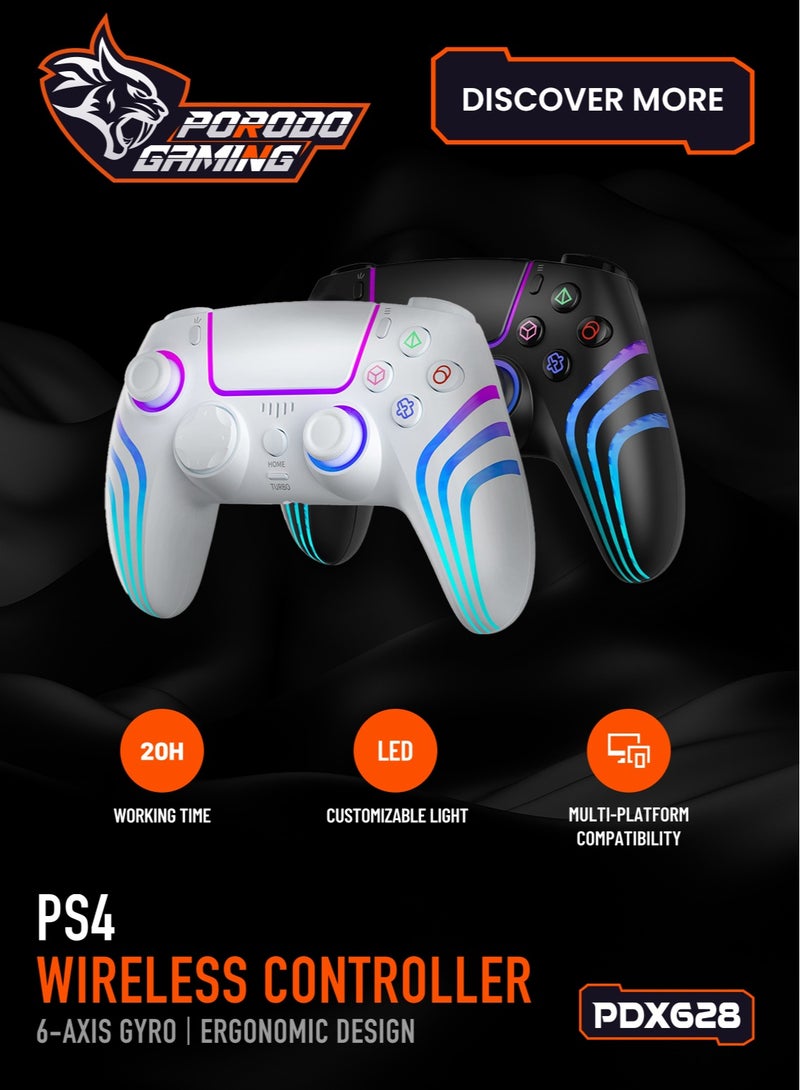 porodo PS4 Wireless Controller 6-Axis Gyro and Ergonomic Design / Long Hours Working Time / Customizable LED Light / Multi-Platform Compatibility / Long-Range Working Distance / Type-C Charging Ports - White  - Image 3