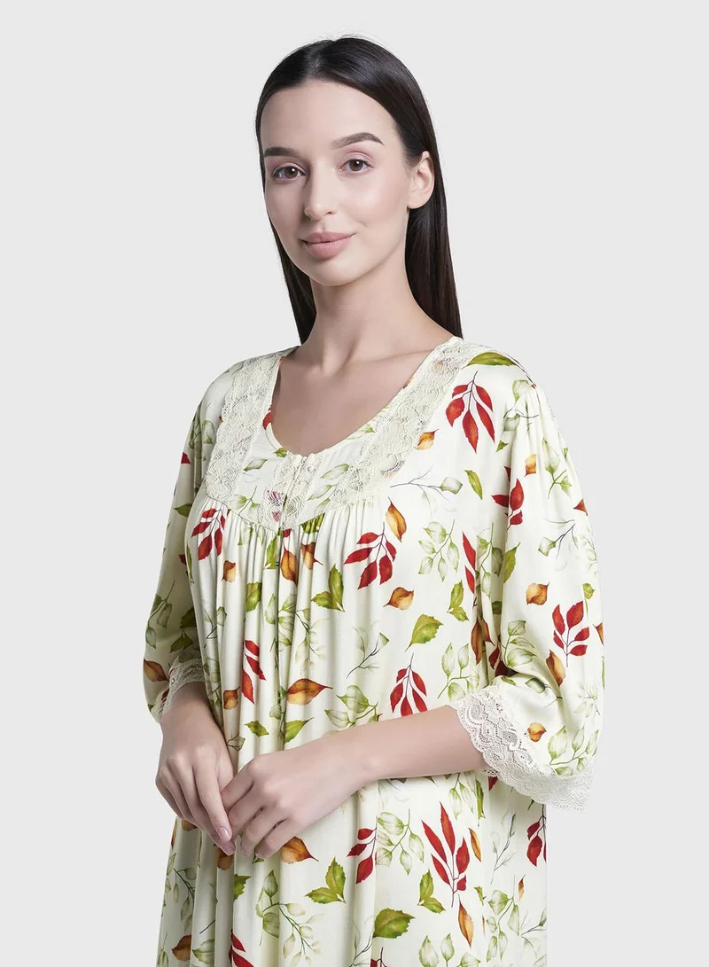 كشخة Olive Floral Print Viscose Long Nightwear Dress (CNH470)