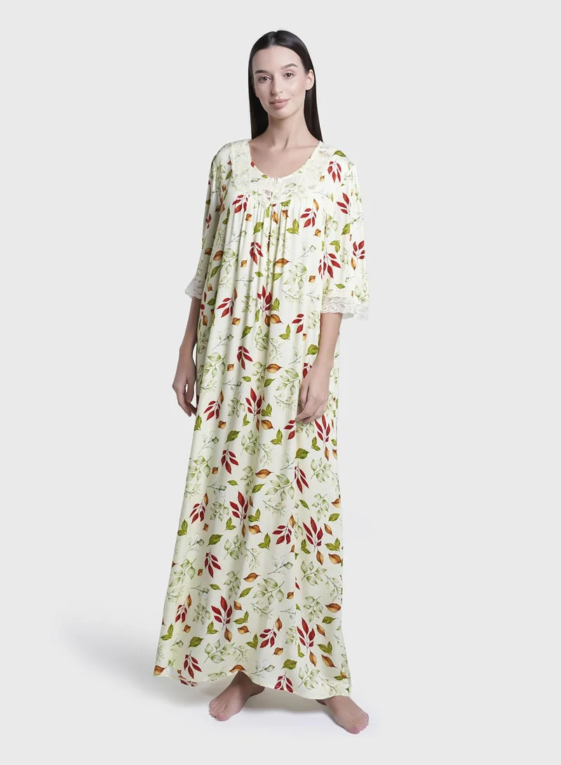 كشخة Olive Floral Print Viscose Long Nightwear Dress (CNH470)