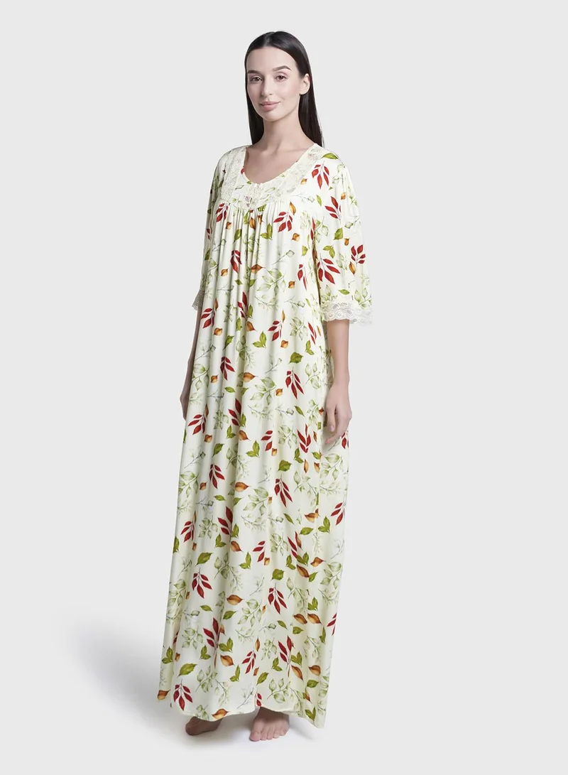 Kashkha  Olive Floral Print Viscose Long Nightwear Dress (CNH470) for Women | Best Price UAE