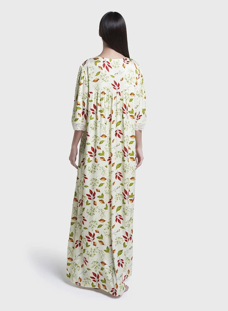 Kashkha  Olive Floral Print Viscose Long Nightwear Dress (CNH470) for Women | Best Price UAE