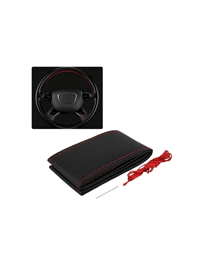PROMASS Steering Wheel Cover, Black DIY PU Leather Finish, Hand Sewing with Needles and Red Thread  - Image 2