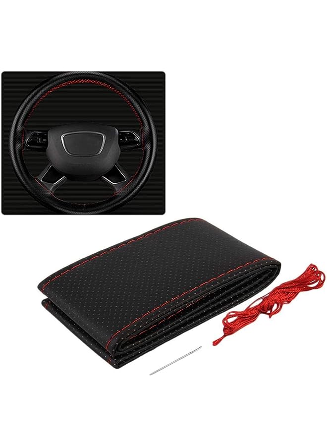 PROMASS Steering Wheel Cover, Black DIY PU Leather Finish, Hand Sewing with Needles and Red Thread  - Image 1