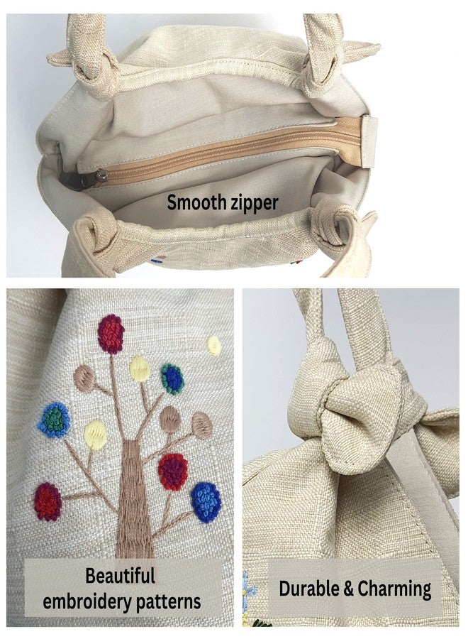 HCRAFT Embroidered Handbag for Women, Vintage Tree Shoulder Tote with Zipper, 12.6"x5.5"x9", Fabric Hobo Bag with Inner Pocket - Image 3
