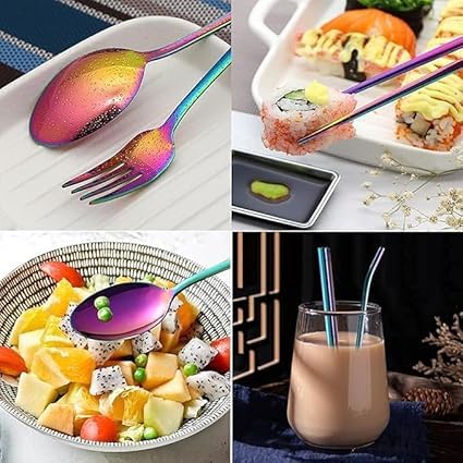 BITTZOOT Portable Utensils Travel Camping Cutlery Set 8Piece Including Knife Fork Spoon Chopsticks Cleaning Brush Straws Portable Case Stainless Steel Flatware Set Rainbow - Image 5