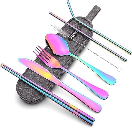 BITTZOOT Portable Utensils Travel Camping Cutlery Set 8Piece Including Knife Fork Spoon Chopsticks Cleaning Brush Straws Portable Case Stainless Steel Flatware Set Rainbow - Image 1