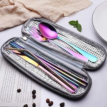 BITTZOOT Portable Utensils Travel Camping Cutlery Set 8Piece Including Knife Fork Spoon Chopsticks Cleaning Brush Straws Portable Case Stainless Steel Flatware Set Rainbow - Image 2